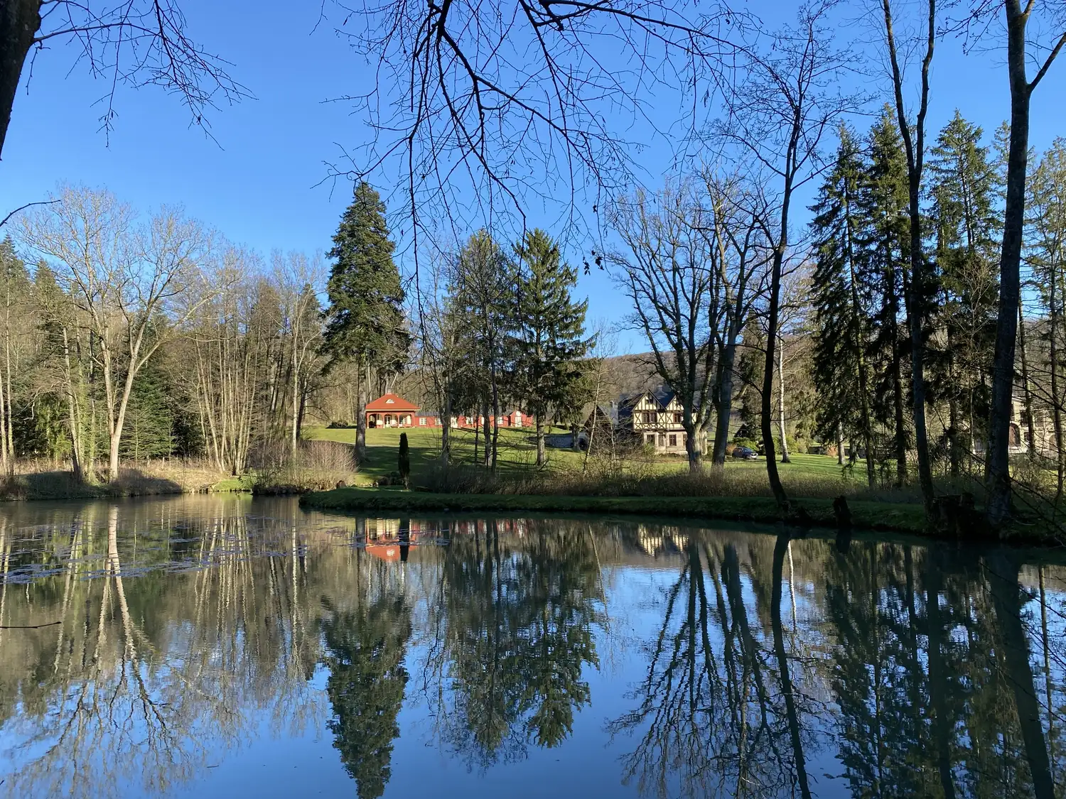 Parkteich in Ramholz mit Spiegelung, dahinter ein rotes Gebäude und ein Fachwerkhaus